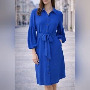 Calvin Klein Blue Button Front Tie Waist Midi Dress Size 10 Corpcore Minimalist